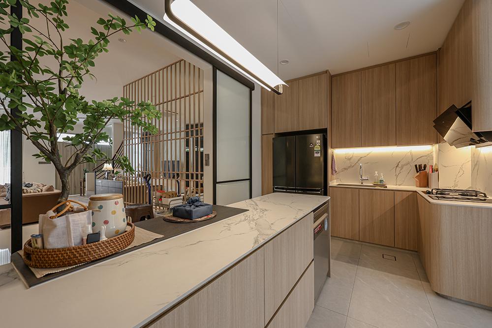 Asian Kitchen with Countertop and Kitchen Island