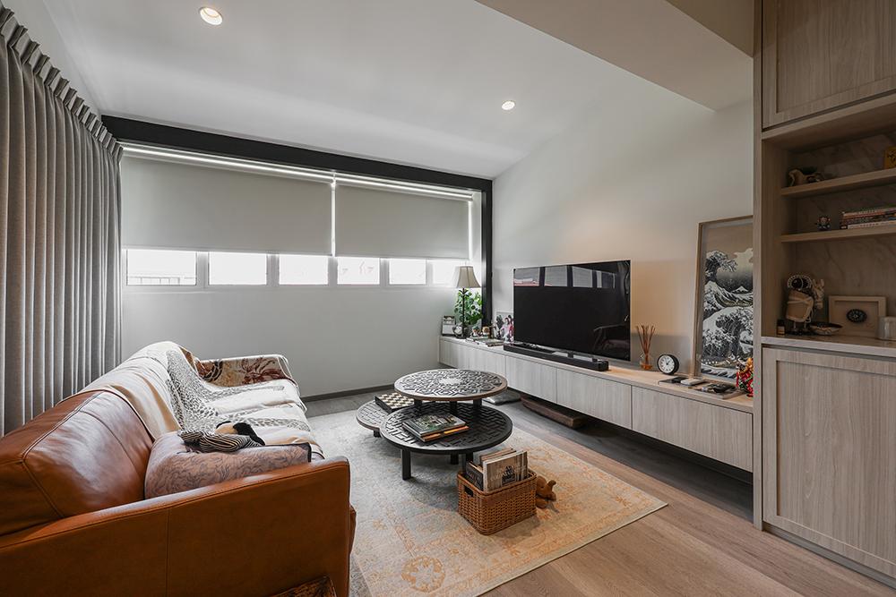 Asian Living Room with TV Console and Curtain