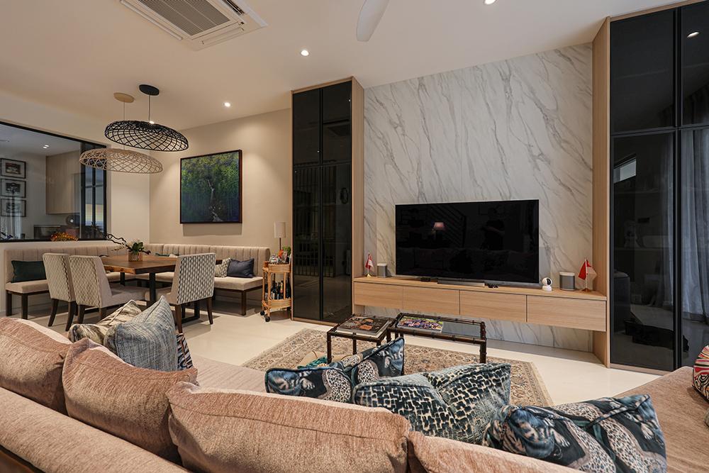 Asian Living Room with TV Console and Feature Wall