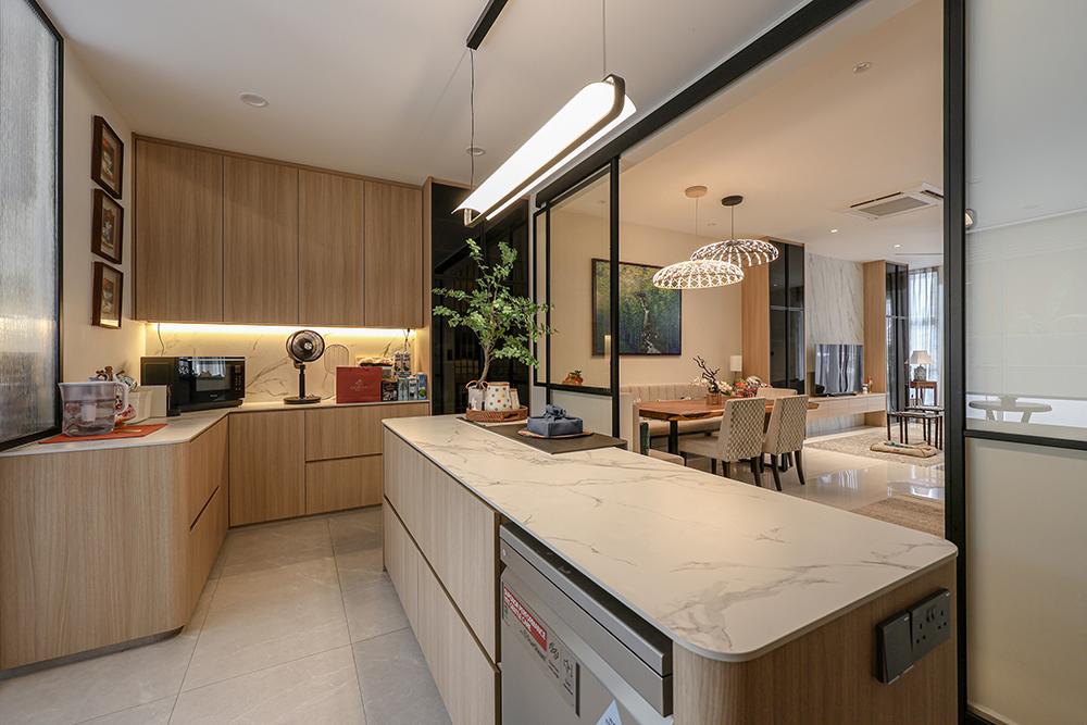 Asian Kitchen with Countertop and Glass Door