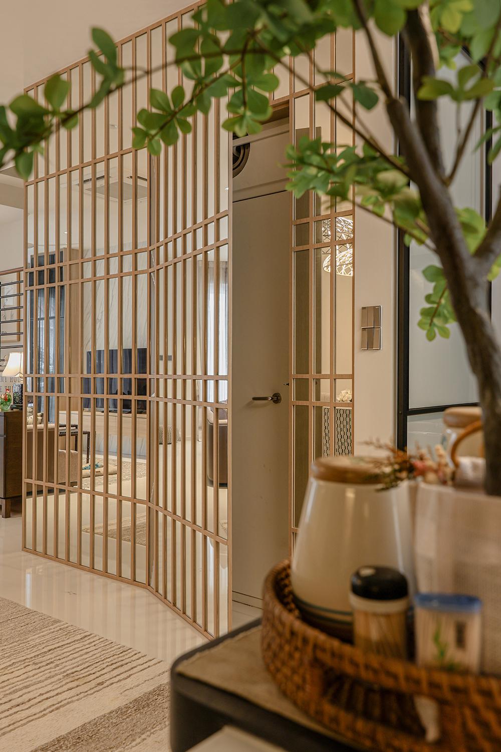 Asian Hallway with Feature Wall and Mirror