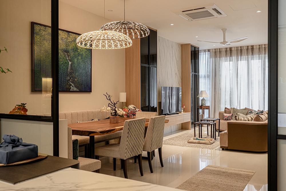 Asian Living Room with TV Console and Feature Wall