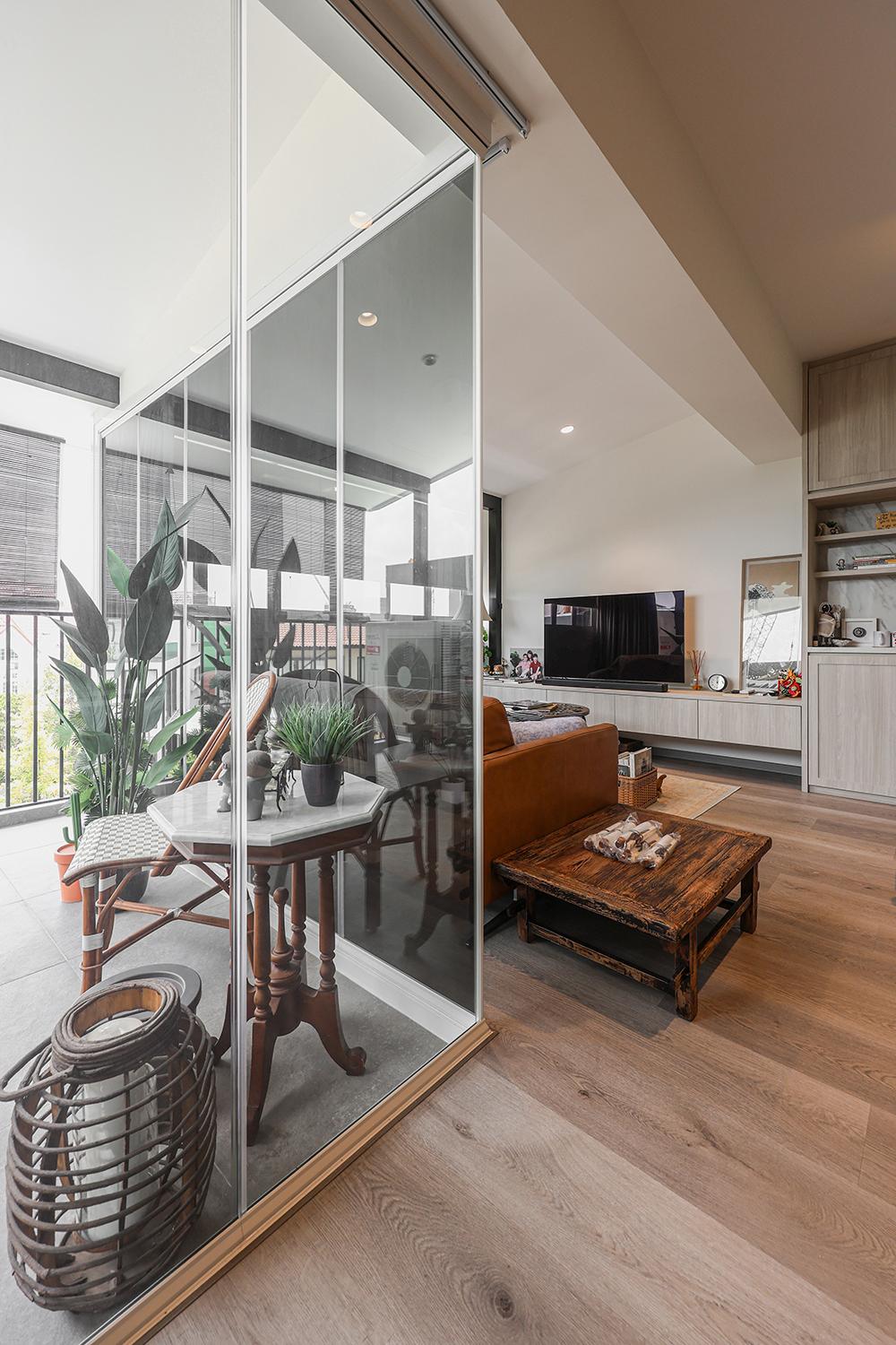 Asian Living Room with Vinyl Flooring and TV Console