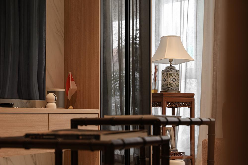 Asian Living Room with TV Console and Feature Wall