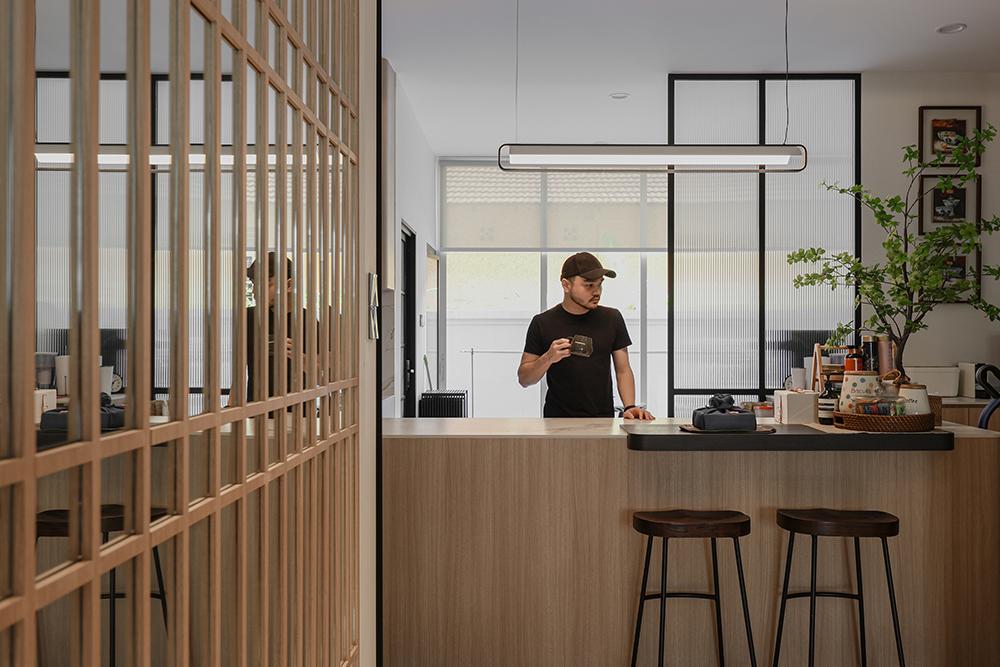 Asian Kitchen with Countertop and Feature Wall
