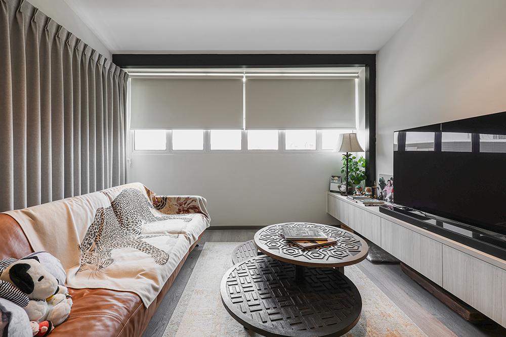 Asian Living Room with TV Console and Curtain