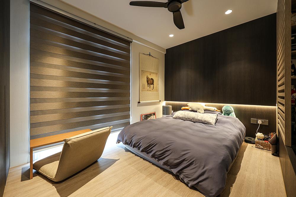Asian Bedroom with Platform Bed and Feature Wall