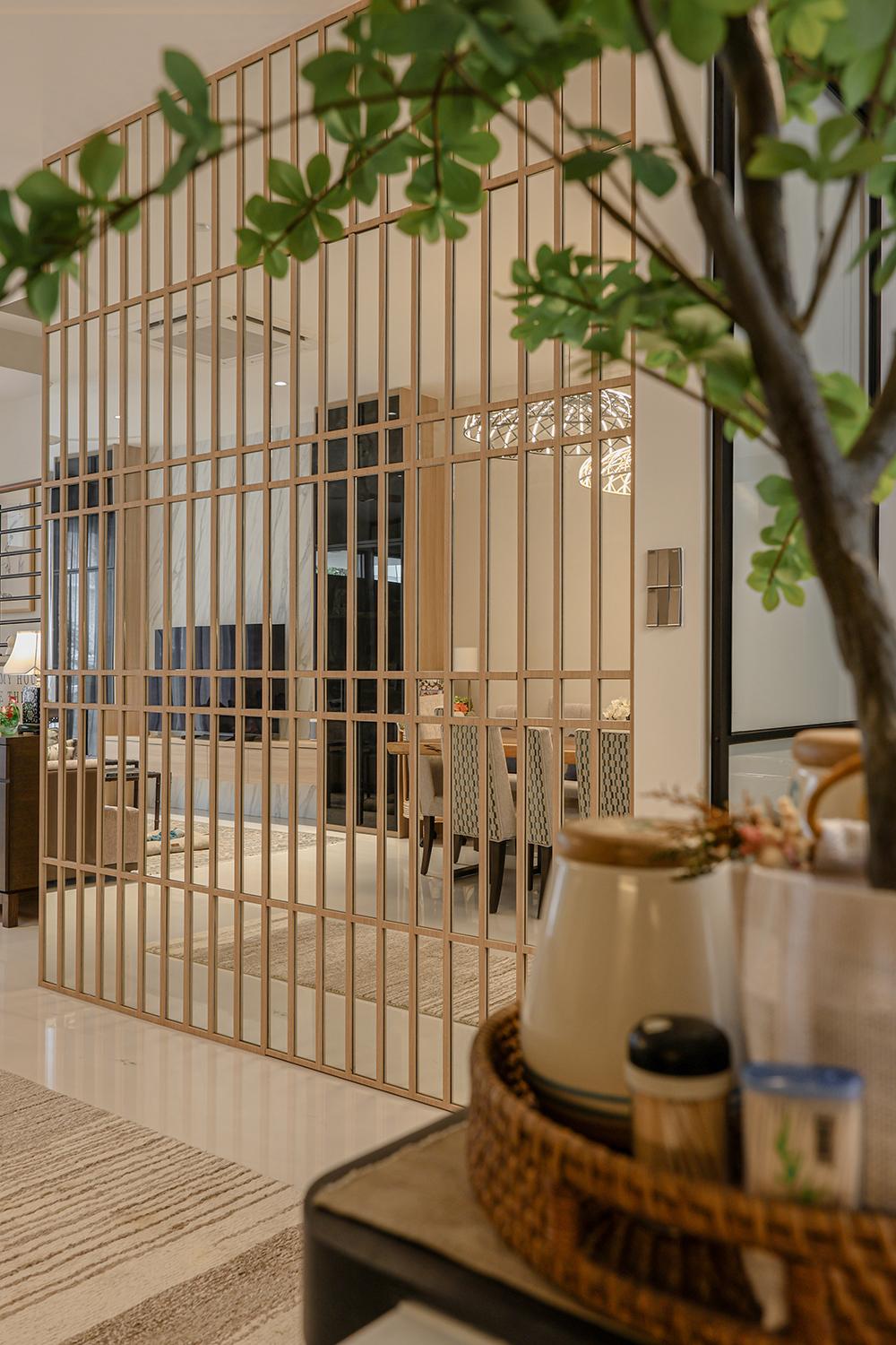 Asian Hallway with Feature Wall and Mirror