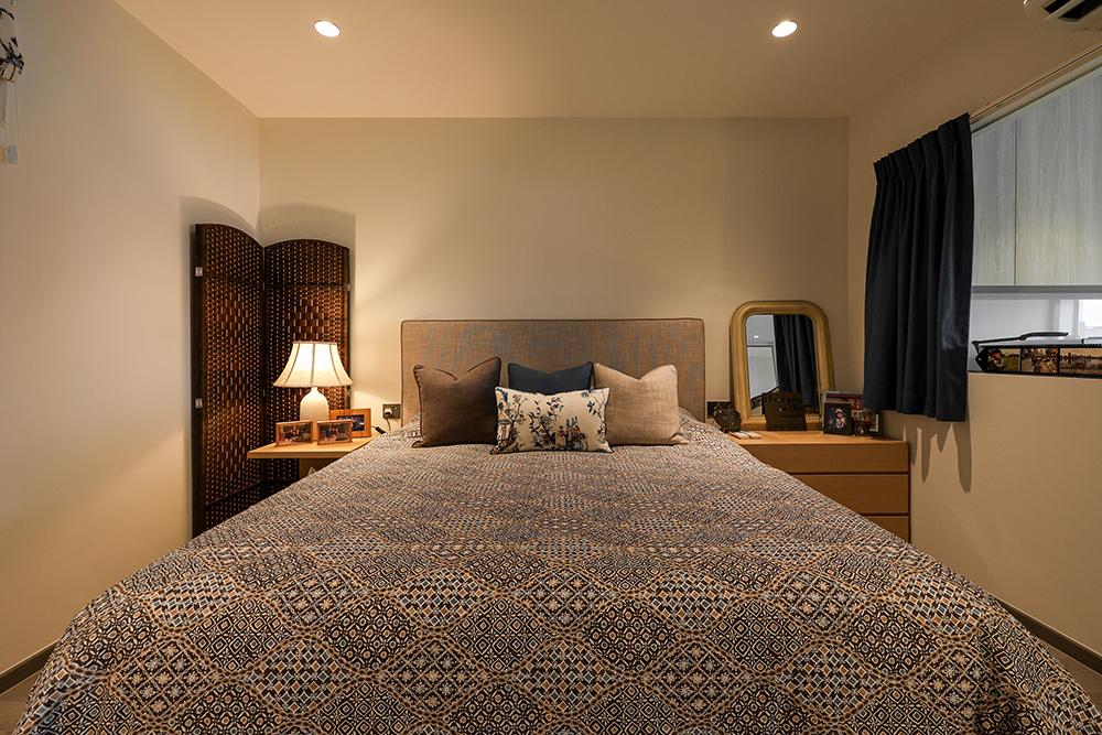 Asian Bedroom with Storage Cabinets and Lighting