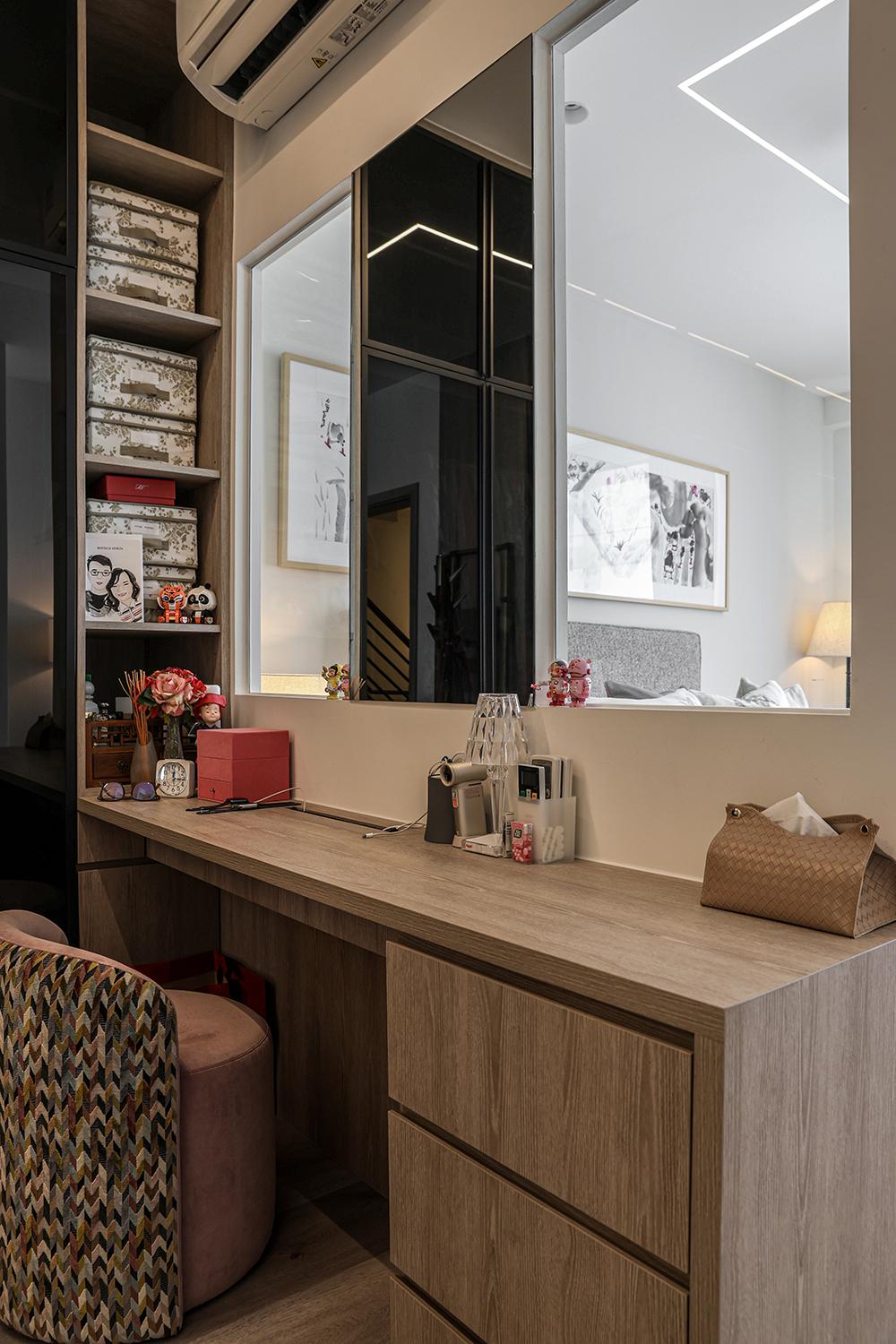 Asian Walk-in Wardrobe with Mirror and Display Cabinets