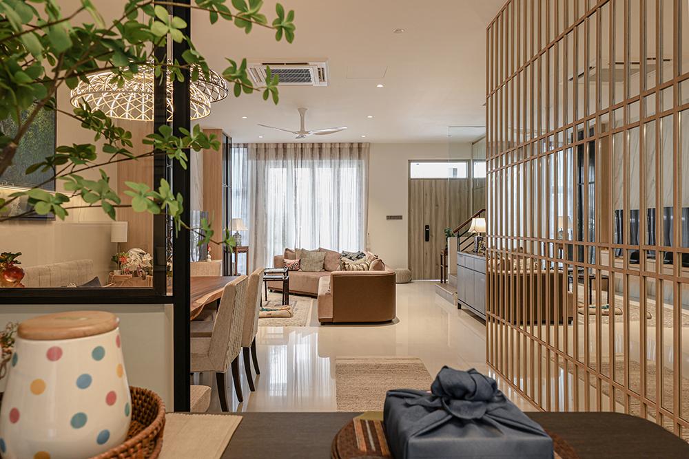 Asian Living Room with TV Console and Feature Wall
