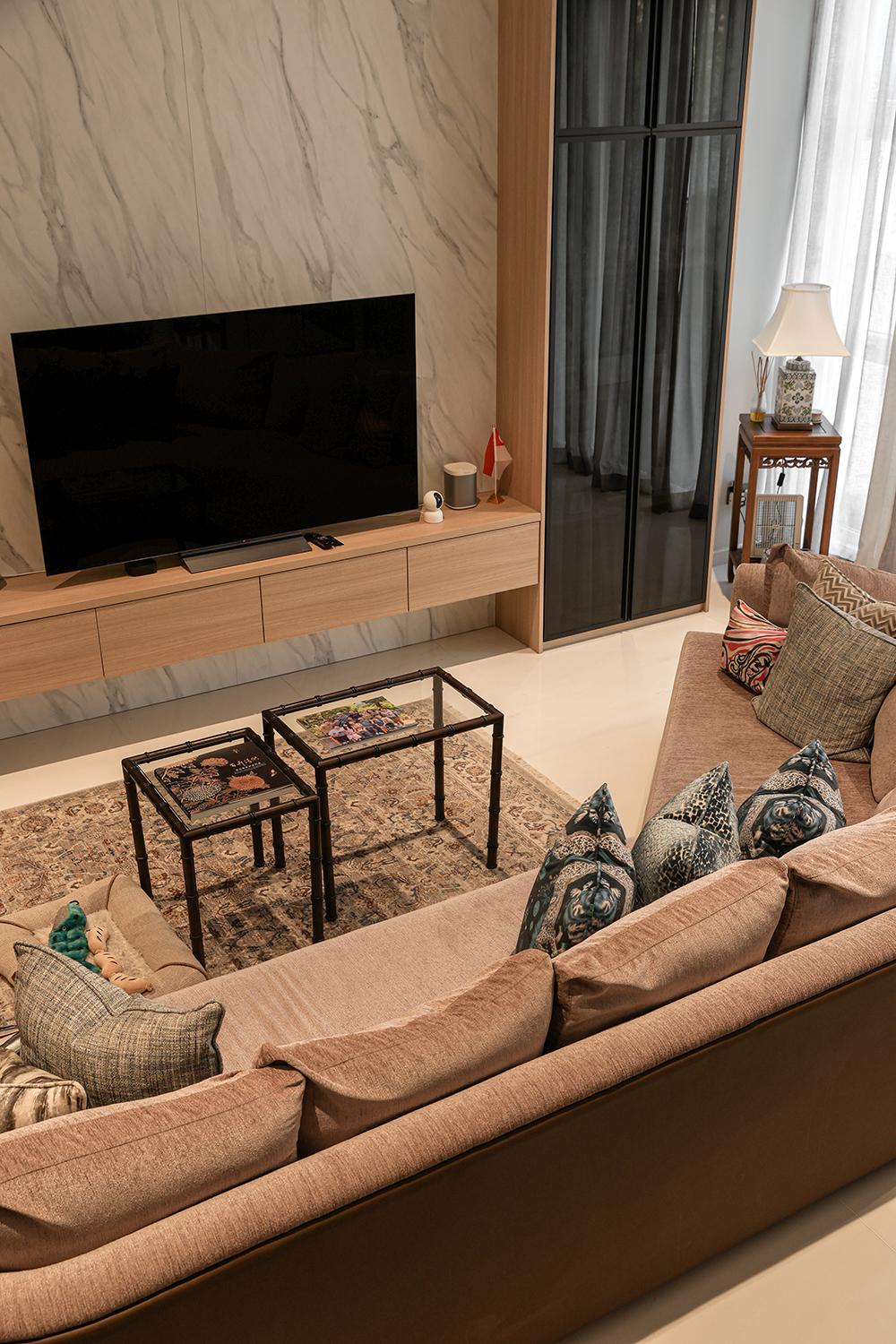 Asian Living Room with TV Console and Feature Wall