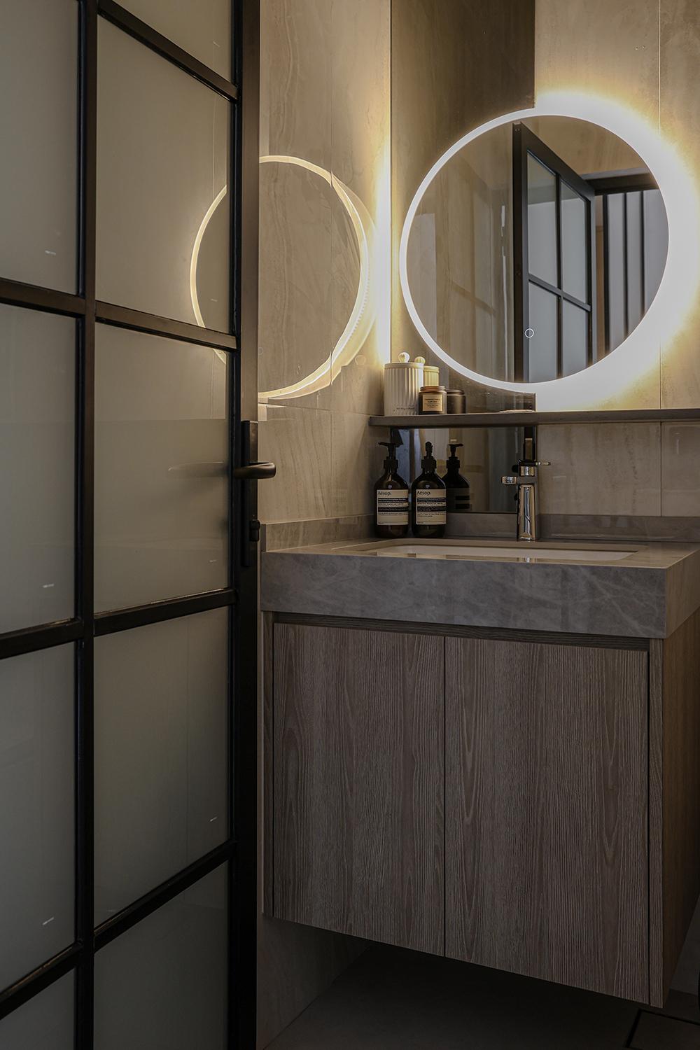 Asian Bathroom with Mirror and Glass Door