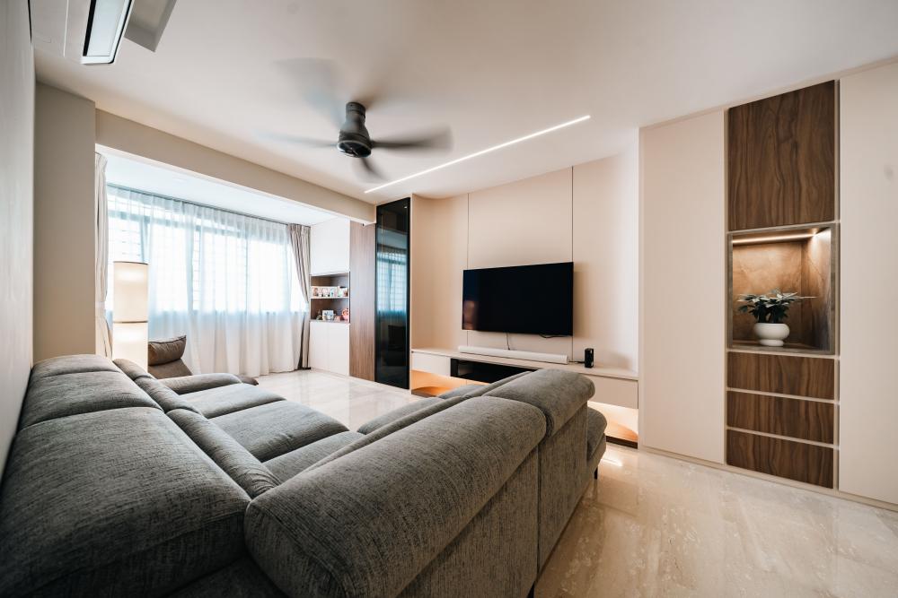 Contemporary Living Room with Homogeneous Tiles and Cement Floor