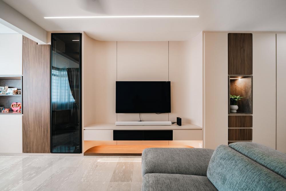 Contemporary Living Room with Granite Floor and Feature Wall