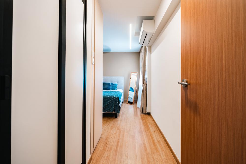Contemporary Bedroom with Parquet Floor and Wood Flooring
