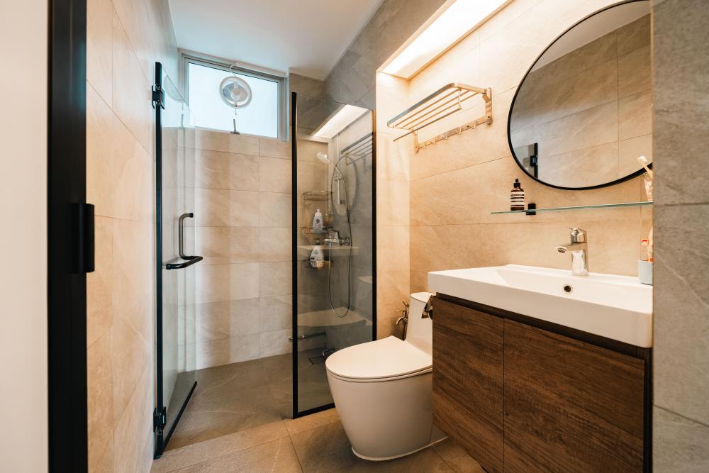 Contemporary Bathroom with Herringbone Tiling and Wood Flooring