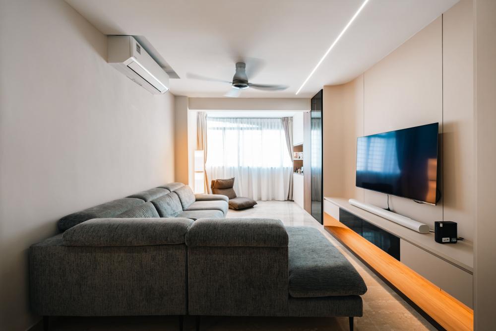 Contemporary Living Room with Granite Floor and Feature Wall