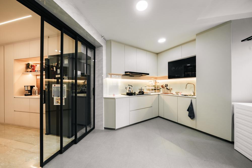 Contemporary Kitchen with Herringbone Tiling and Wood Flooring