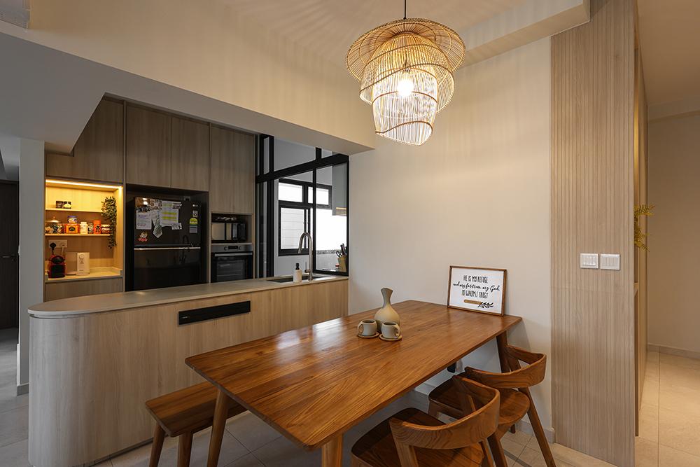 Scandinavian Dining Room with Open Kitchen and Breakfast Counter