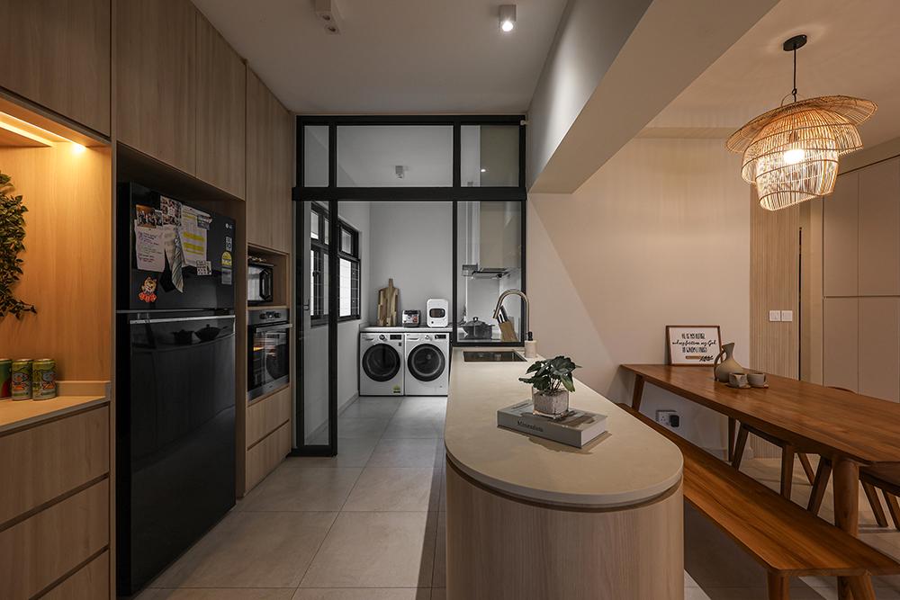 Scandinavian Kitchen with Kitchen Island and Glass Door