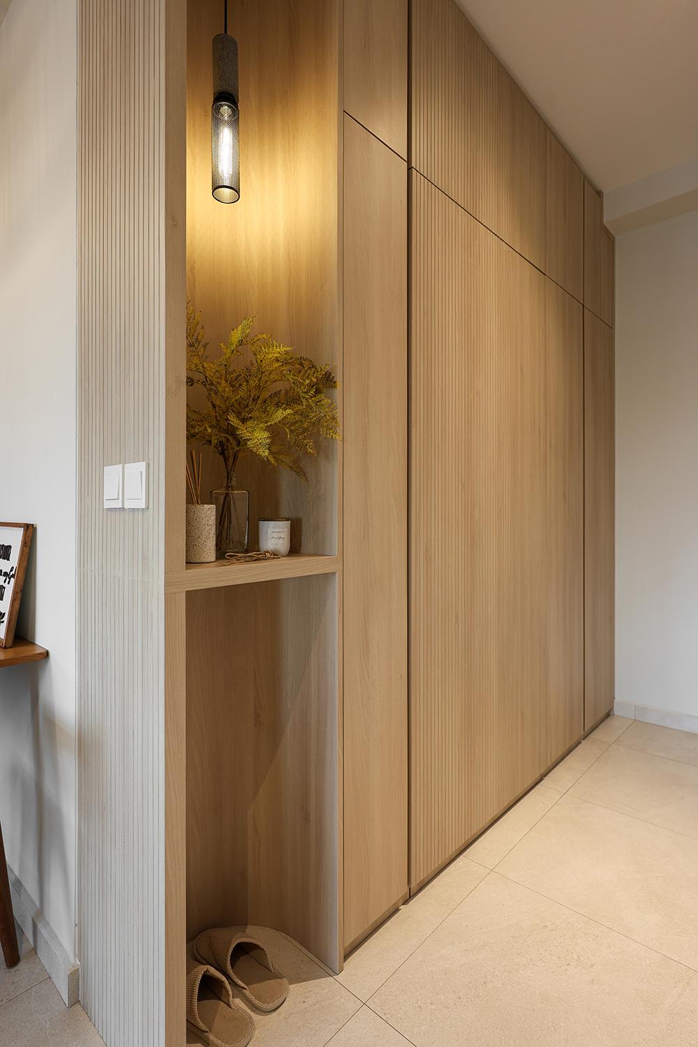 Scandinavian Foyer with Feature Wall and Shoe Cabinets