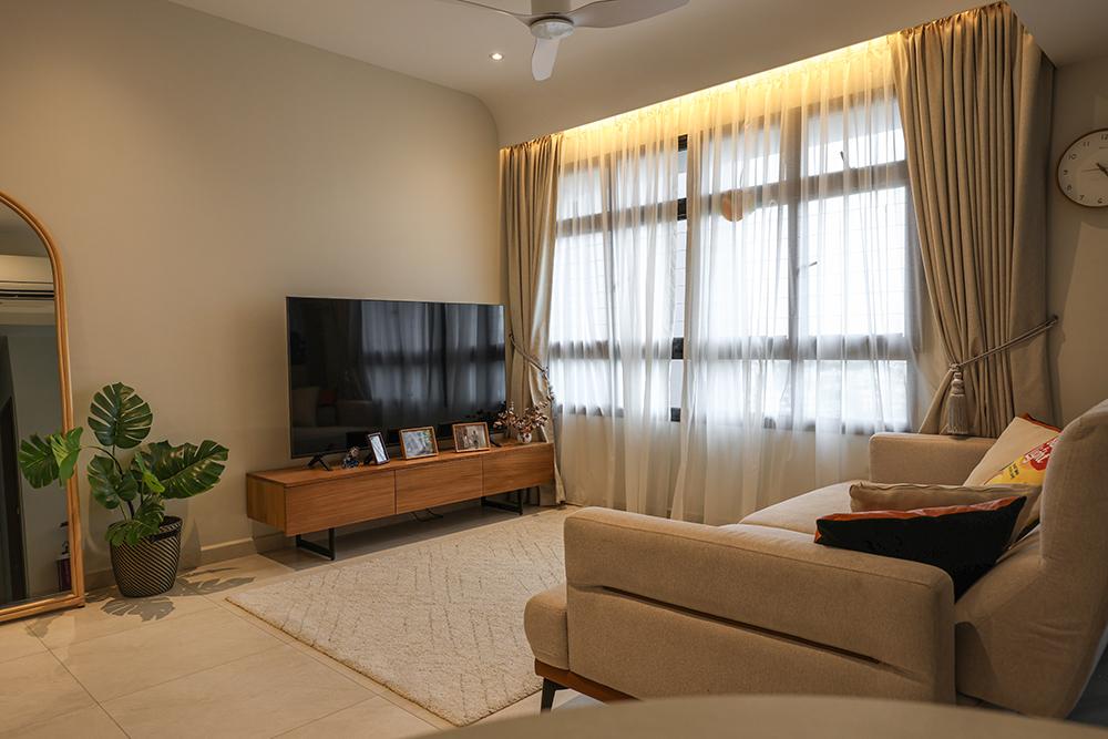Scandinavian Living Room with Curtain and Paintings