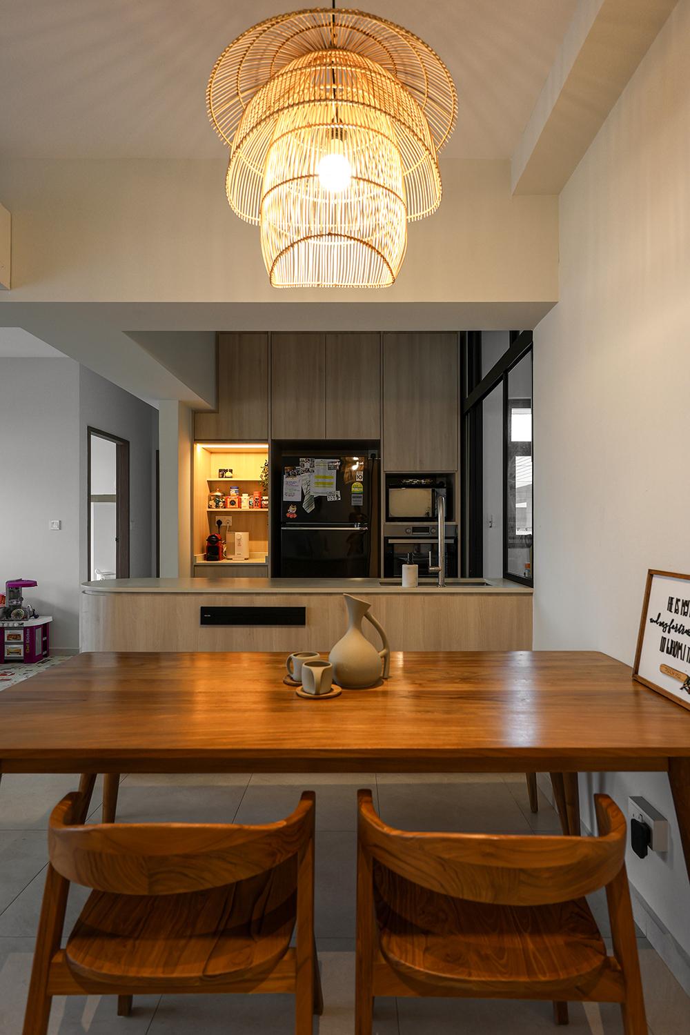 Scandinavian Dining Room with Open Kitchen and Lighting