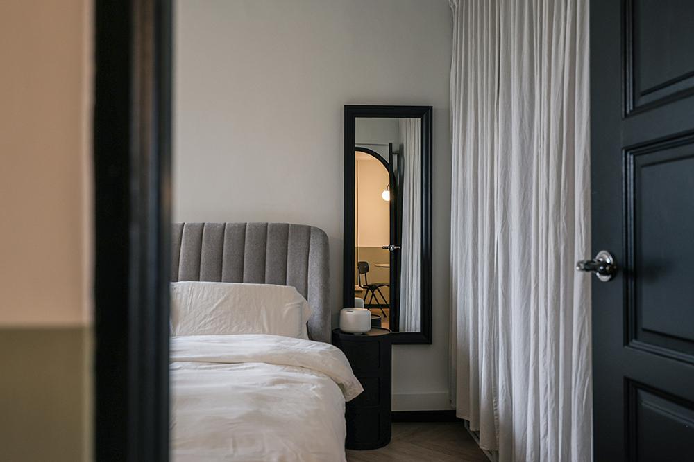 Vintage Bedroom with Vinyl Flooring and Mirror