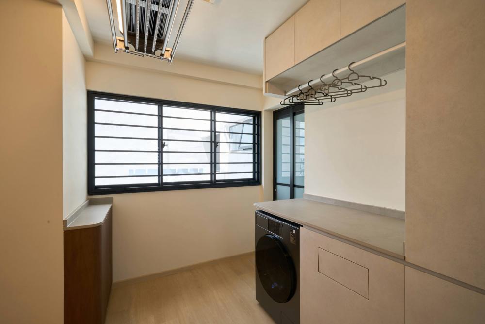 Minimalist Service Yard with Washing Machine and Laundry Area