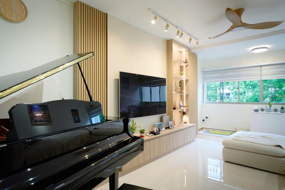 Scandinavian Living Room with TV Console and Feature Wall