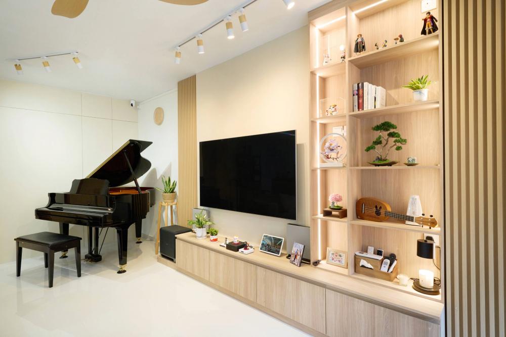 Scandinavian Living Room with Homogeneous Tiles and TV Console