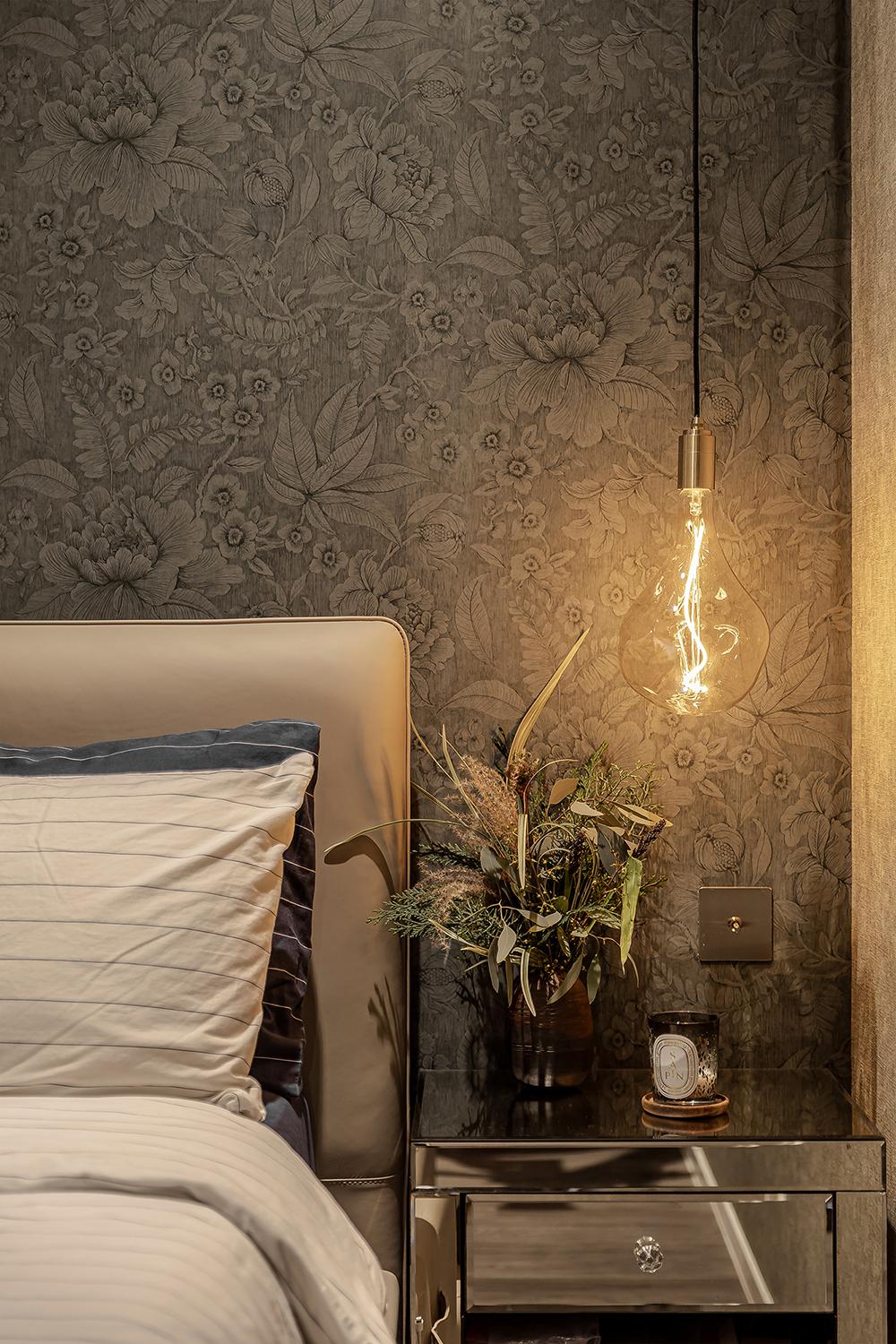 Modern Bedroom with Wallpaper and Lighting