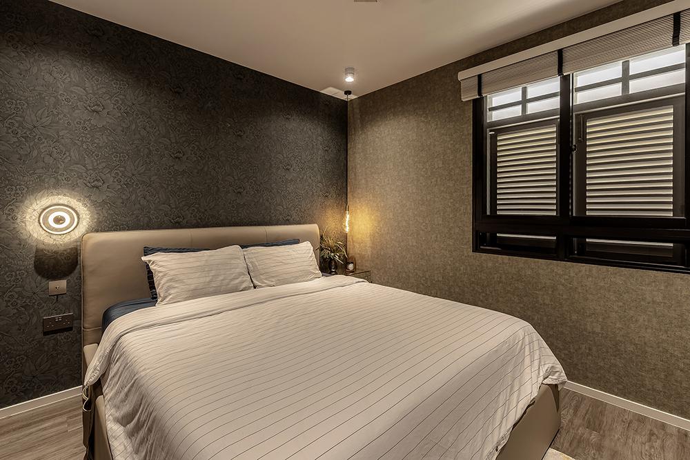 Modern Bedroom with Vinyl Flooring and Wallpaper