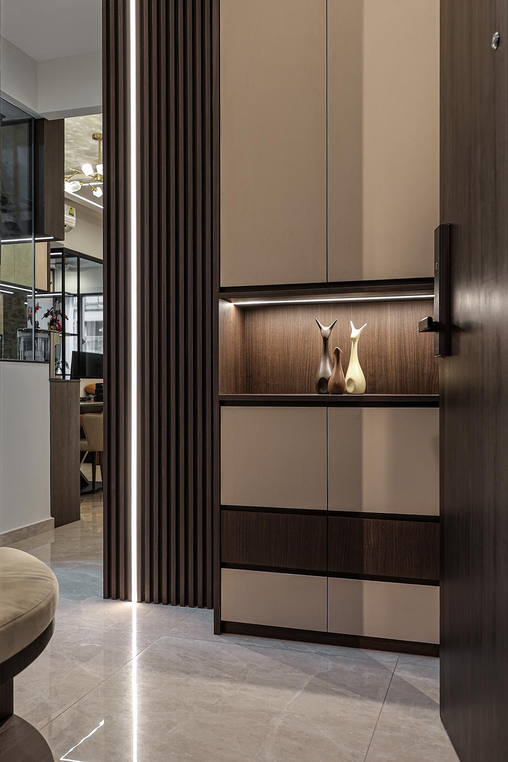 Modern Foyer with Feature Wall and Storage Cabinets