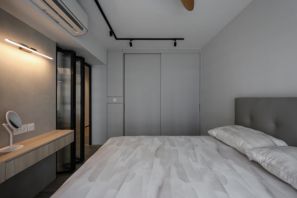 Modern Bedroom with Vinyl Flooring and Glass Door