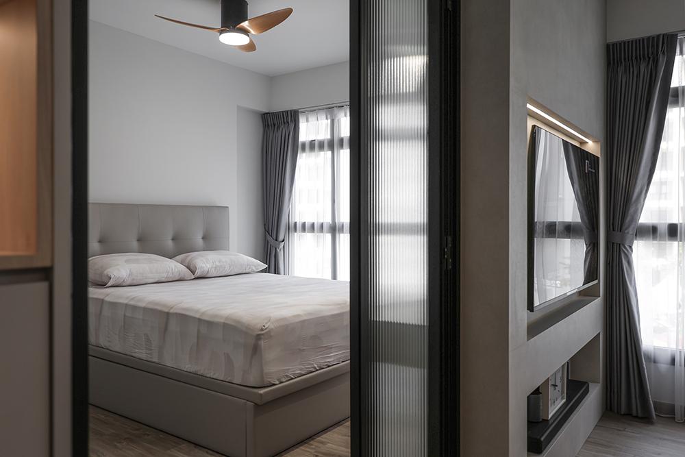Modern Bedroom with Vinyl Flooring and Glass Door
