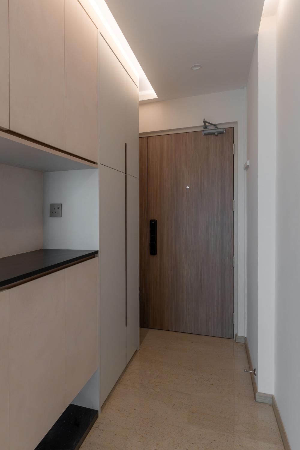 Contemporary Hallway with Paintings and Small Storage