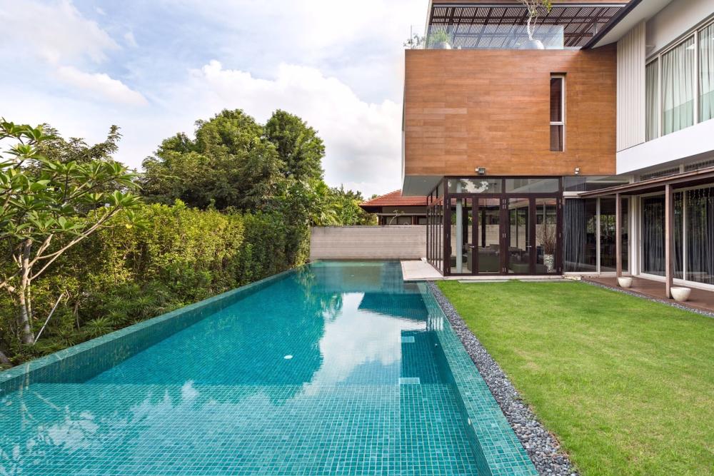 Contemporary Pool with Outdoor Table and Outdoor Chairs