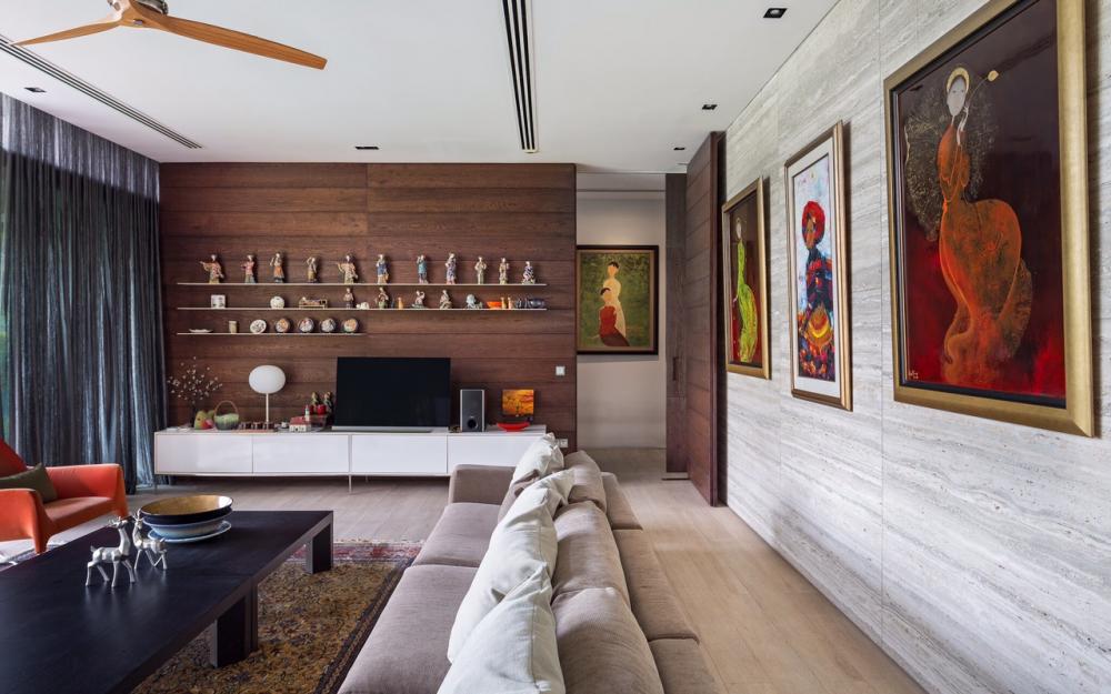 Contemporary Living Room with Bookshelf and TV Console