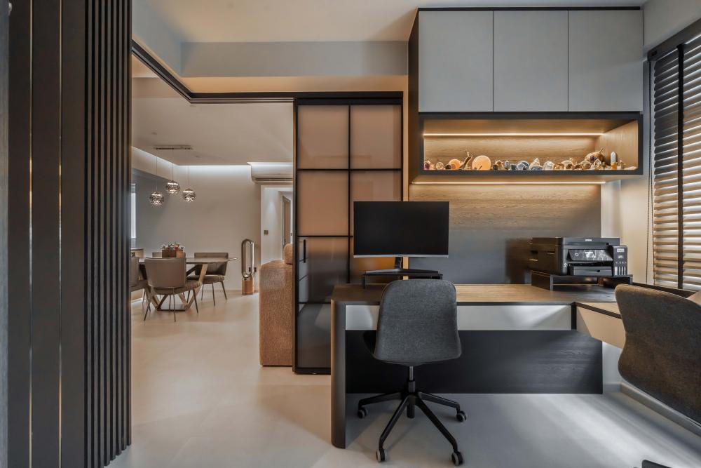 Contemporary Home Office with Storage Cabinets and Bookcases