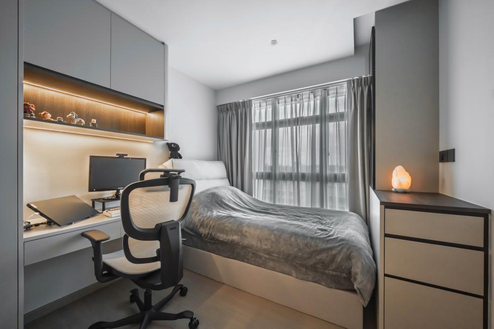 Contemporary Bedroom with Cement Floor and Granite Floor