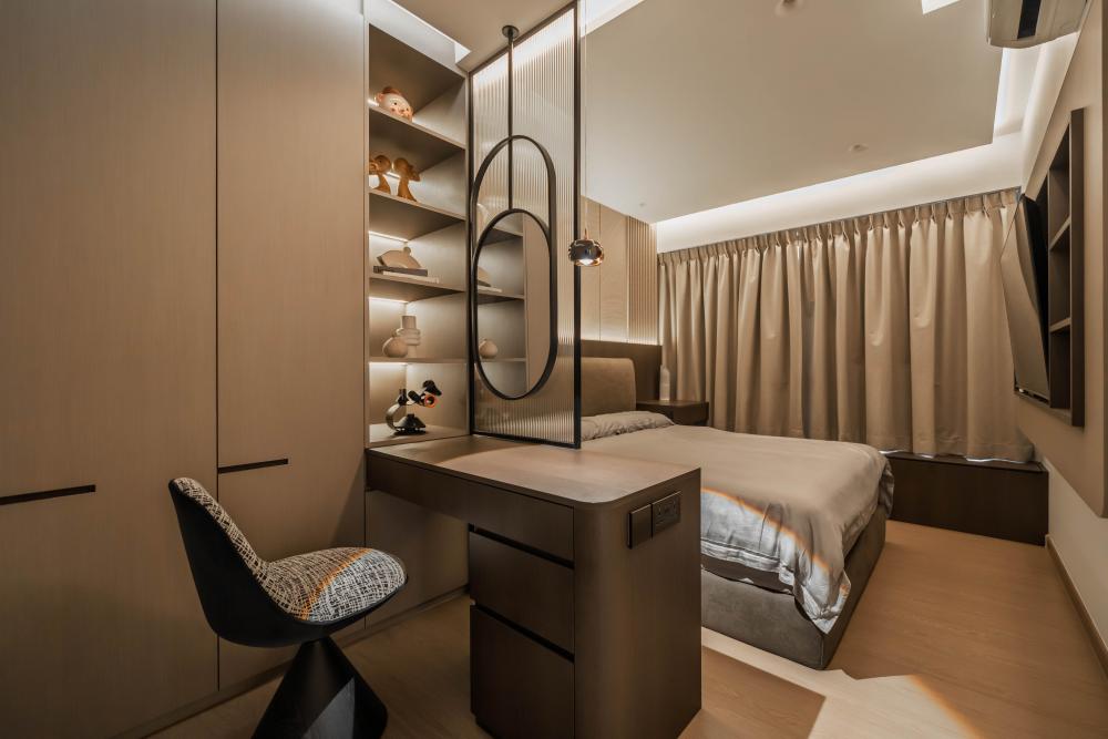 Contemporary Bedroom with Platform Bed and Vinyl Flooring