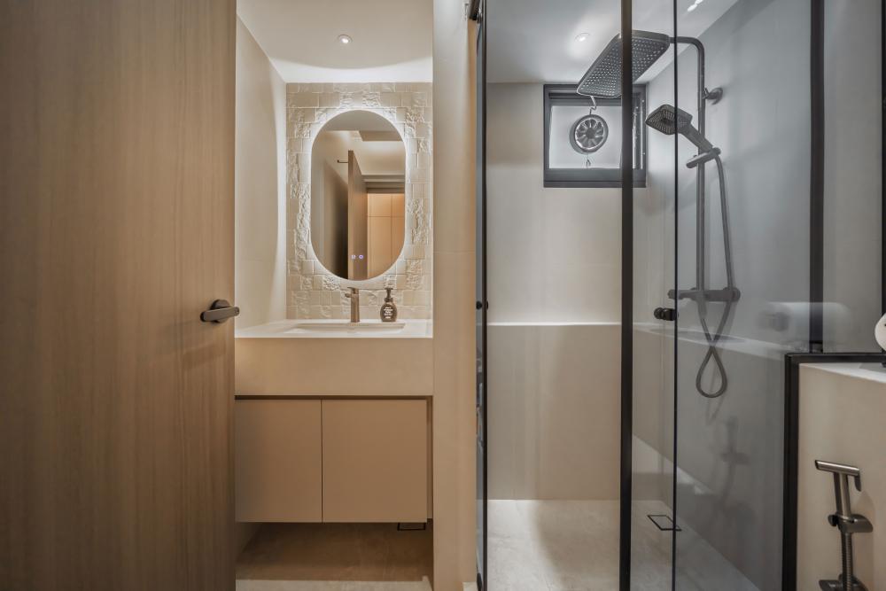 Contemporary Bathroom with Herringbone Tiling and Cement Floor