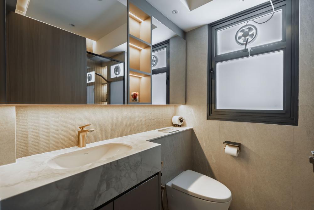 Contemporary Bathroom with Marble Floor and Wood Flooring