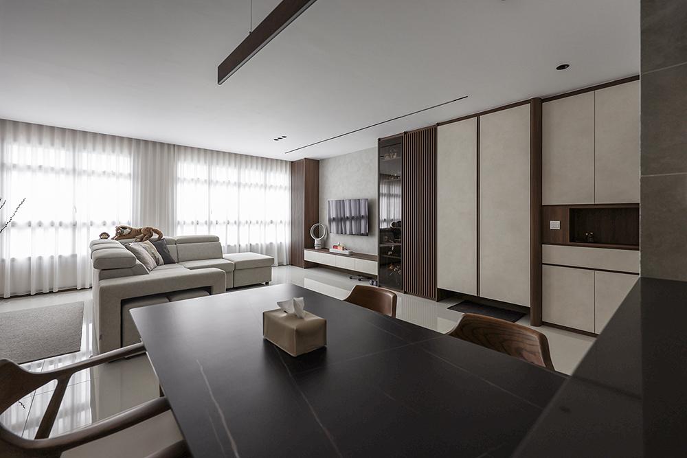 Contemporary Living Room with Homogeneous Tiles and TV Console