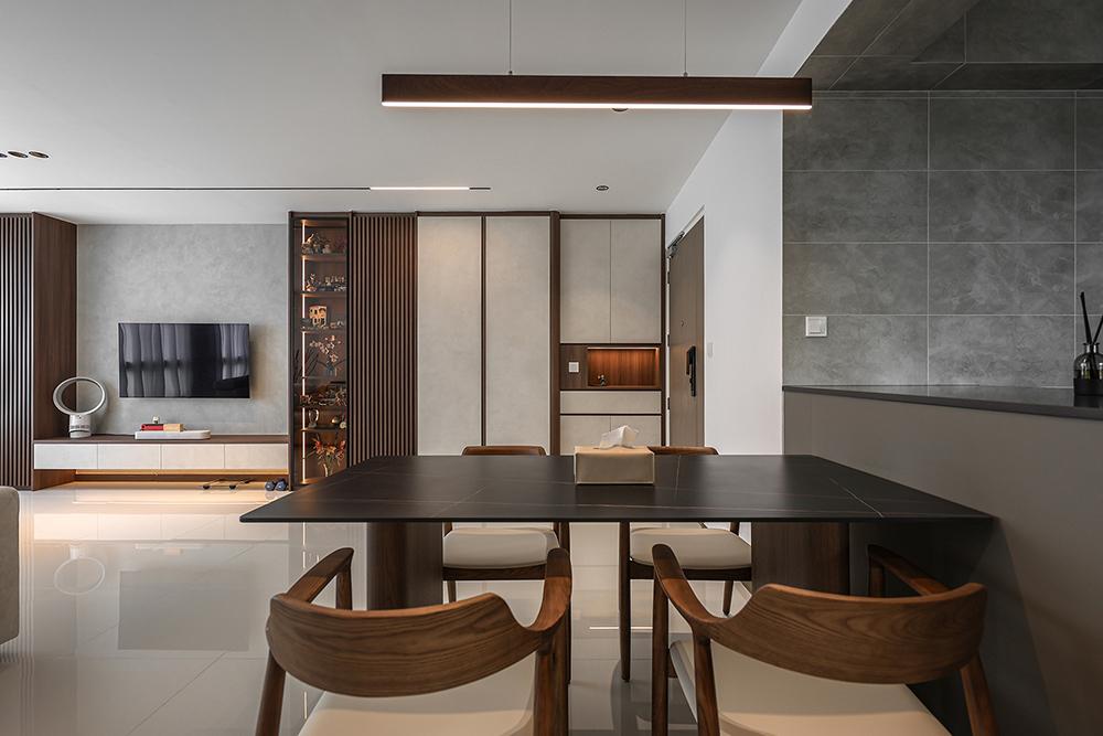 Contemporary Dining Room with Homogeneous Tiles and Storage Cabinets