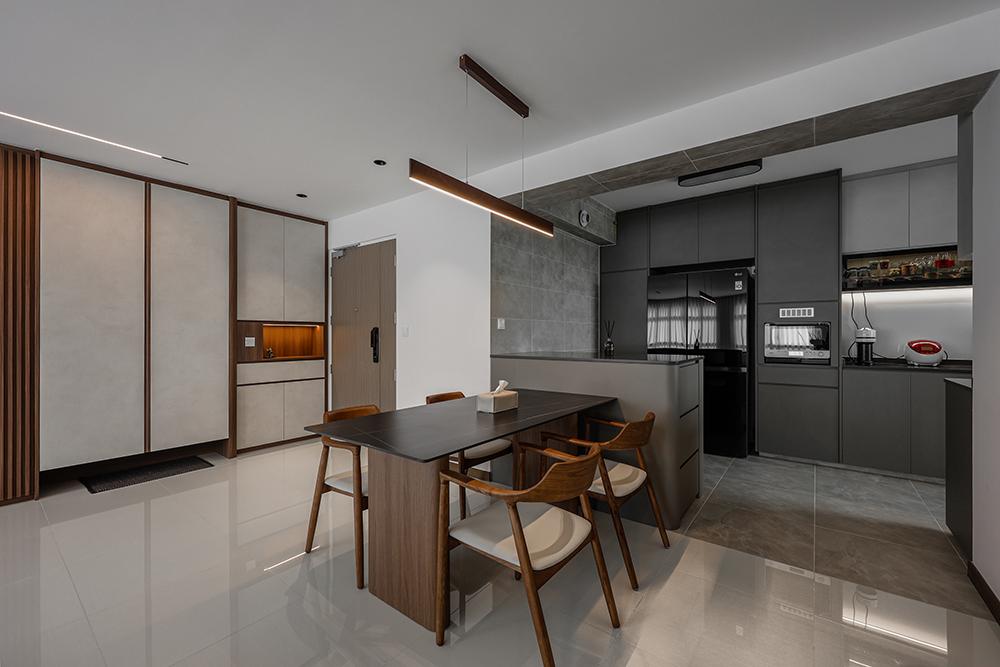 Contemporary Dining Room with Homogeneous Tiles and Open Kitchen