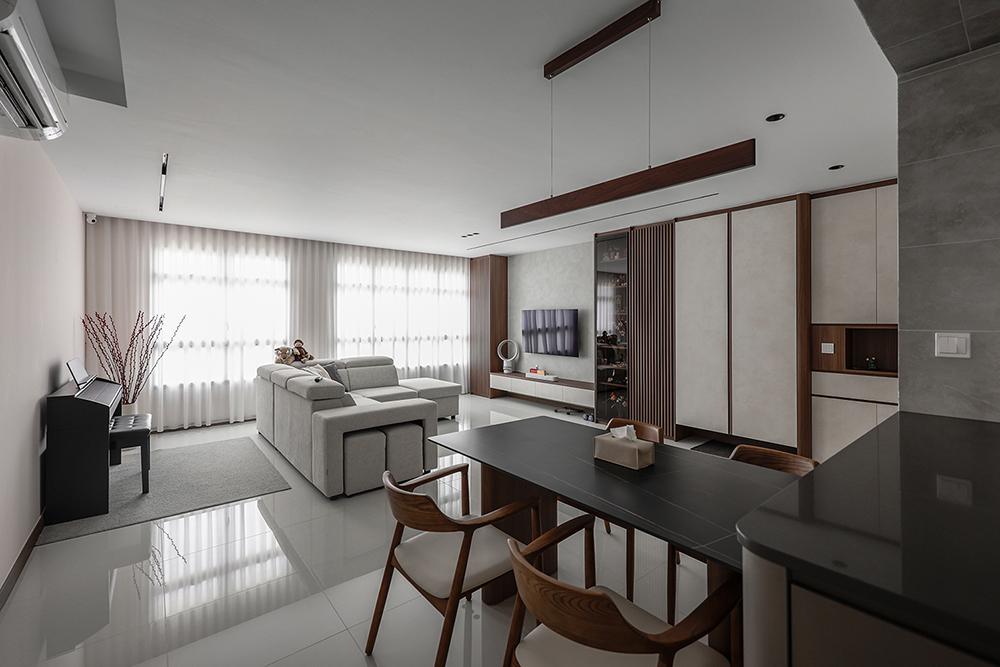 Contemporary Living Room with Homogeneous Tiles and TV Console