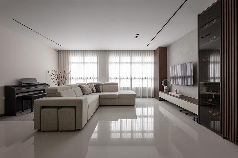 Contemporary Living Room with Homogeneous Tiles and TV Console